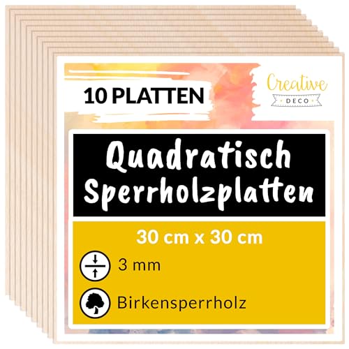 Creative Deco 10 Quadratische Sperrholzplatte 3mm | 300 x 300 (+/- 2) mm | Birkensperrholz Dünne Holz-Zuschnitte | Perfektes Blatt für Laubsäge Brandmalerei Laserschnitt CNC Router Durchbrochenes von Creative Deco