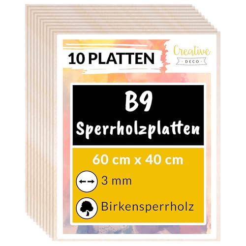 Creative Deco 10 x Sperrholzplatte 3mm | 600 x 400 (+/- 0,5) mm | Birkensperrholz Dünne Holz-Zuschnitte | Perfektes Blatt für Laubsäge, Brandmalerei, Laserschnitt, CNC Router, Durchbrochenes von Creative Deco