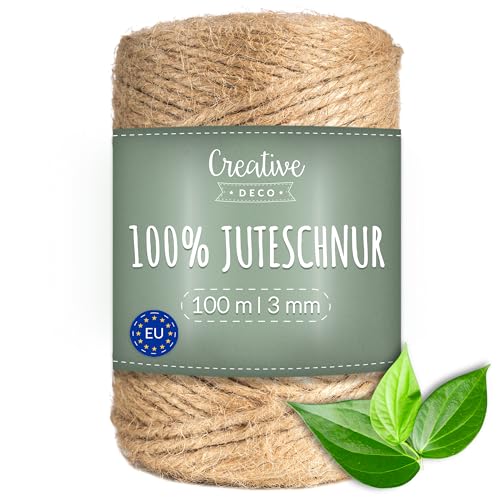 Creative Deco 100m Juteschnur Natur Braun | 328 Fuß | 2-3 mm Dicke 3-Lagig | Jutekordel Jutegarn Hanfschnur Juteband Paketband Stark | Jute Schnur Kordel Seil Für Dekoration, DIY Handwerk, Verpackung von Creative Deco