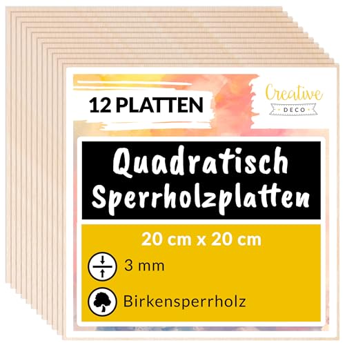 Creative Deco 12 Quadratische Sperrholzplatte 3mm | 200 x 200 (+/- 2) mm | Birkensperrholz Dünne Holz-Zuschnitte laserfähig | Sperrholz Platte perfekt als Baumaterial von Creative Deco