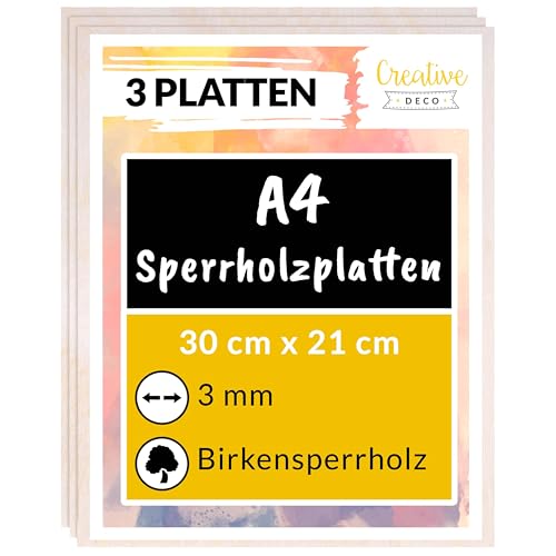 Creative Deco 3 x A4 Sperrholzplatte 3mm | 300 x 210 (+/- 2) mm | Birkensperrholz Dünne Holz-Zuschnitte | Perfektes Blatt für Laubsäge, Brandmalerei, Laserschnitt, CNC Router, Durchbrochenes von Creative Deco