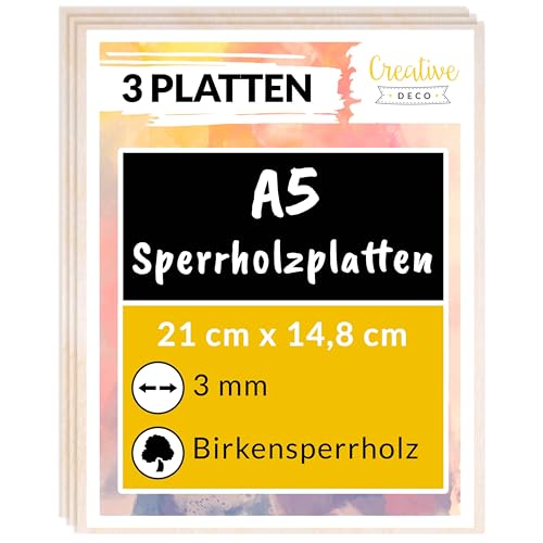 Creative Deco 3 x A5 Sperrholzplatte 3mm | 148 x 210 (+/- 2) mm | Birkensperrholz Dünne holz-Zuschnitte | Perfektes Blatt für Laubsäge, Brandmalerei, Laserschnitt, CNC Router, Durchbrochenes von Creative Deco