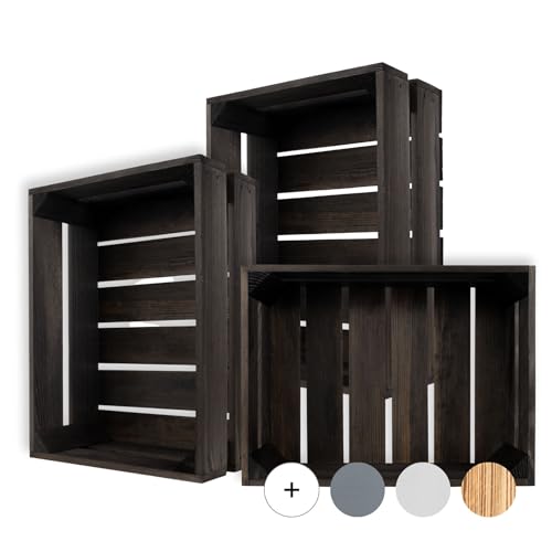 Creative Deco 3 x Holzkiste Schwarz | 40 x 30 x 15 cm | Weinkisten Set Obstkiste Holz | Geschliffen Vintage Holzbox Kiste | Perfekt als Deko Geschenkkorb leer Spielzeugkiste Aufbewahrungsbox von Creative Deco