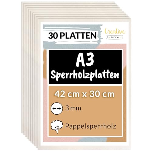 Creative Deco 30 x A3 Sperrholzplatte 3mm Pappelsperrholz | 420 x 300 (+/- 0,5) mm | Dünne Holz-Zuschnitte | Perfektes Blatt für Laubsäge, Brandmalerei, Laserschnitt, CNC Router, Durchbrochenes von Creative Deco