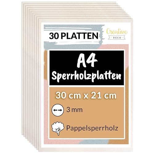 Creative Deco 30 x A4 Sperrholzplatte 3mm Pappelsperrholz | 300 x 210 (+/- 2) mm | Dünne Holz-Zuschnitte | Perfektes Blatt für Laubsäge, Brandmalerei, Laserschnitt, CNC Router, Durchbrochenes von Creative Deco