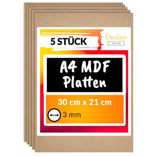 Creative Deco 5 x A4 MDF Platten | 300 x 210 x 3 mm | Dünne Holz-platten | Perfekt für Laser, CNC Router, Modellierung, Durchbrochenes, Laubsäge von Creative Deco