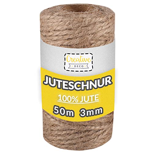 Creative Deco 50m Juteschnur Natur Braun | 164 Fuß | 3 mm Dicke 3-Lagig | Jutekordel Jutegarn Hanfschnur Juteband Paketband Stark | Jute Schnur Kordel Seil Für Dekoration, DIY Handwerk, Verpackung von Creative Deco