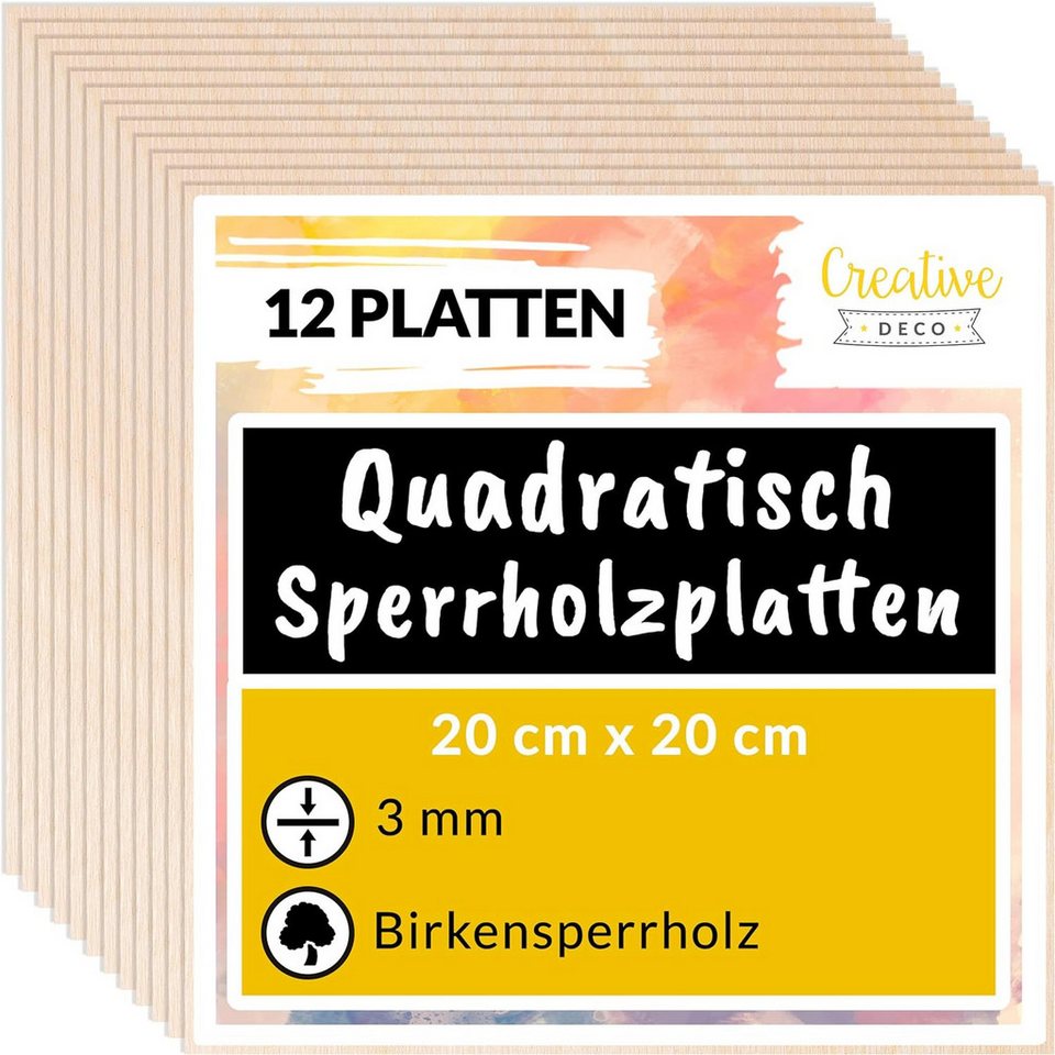 Creative Deco Bastelnaturmaterial Quadratische Sperrholzplatte 3mm, (12-tlg), Birkensperrholz Dünne Holz-Zuschnitte laserfähig von Creative Deco