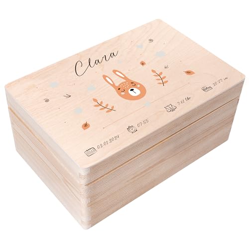 Creative Deco Erinnerungsbox Baby Personalisierte mit Namen - Hase Pastell | Individuelle Erinnerungskiste Geschenk zur Geburt für Mädchen und Jungen | Holzkiste mit Deckel | Farbdruck von Creative Deco