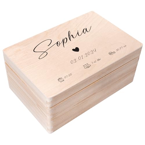 Creative Deco Erinnerungsbox Baby Personalisiert Herz mit Namen | 30 x 20 x 14 cm | Individuelle Erinnerungskiste Geschenk zur Geburt für Mädchen und Jungen | Holzkiste mit Deckel | Farbdruck von Creative Deco