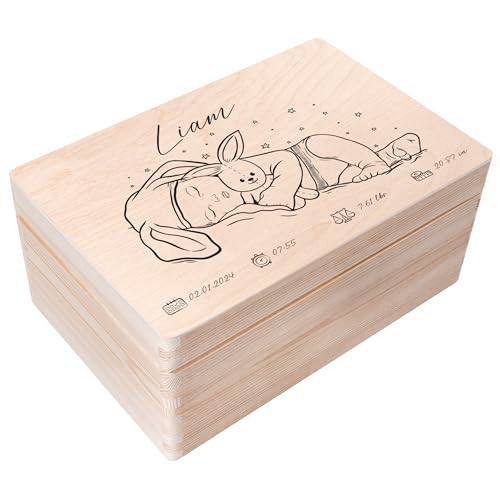 Creative Deco Erinnerungsbox Baby Personalisiert mit Namen - Junge Motiv | 30 x 20 x 14 cm | Individuelle Erinnerungskiste Geschenk zur Geburt für Mädchen und Jungen | Holzkiste mit Deckel | Farbdruck von Creative Deco