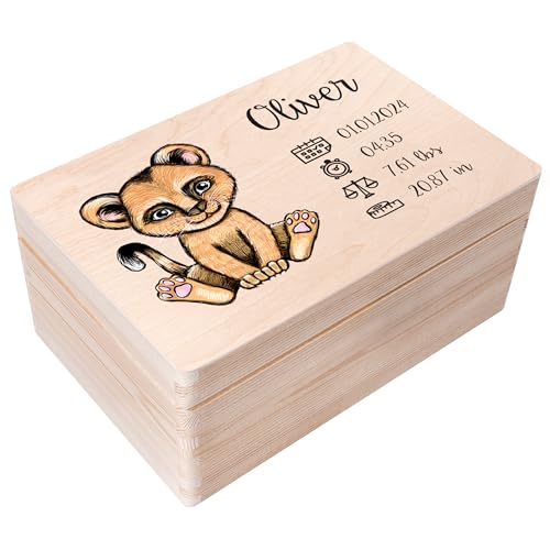 Creative Deco Erinnerungsbox Baby Personalisiert mit Namen - Löwen | 30 x 20 x 14 cm | Individuelle Erinnerungskiste Geschenk zur Geburt für Mädchen und Jungen | Holzkiste mit Deckel | Farbdruck von Creative Deco