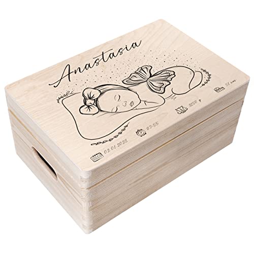 Creative Deco Erinnerungsbox Baby Holzkiste Personalisiert | 30 x 20 x 14 cm (+/-1cm) | Mädchen Motiv für Geburt & Taufe | Groß Natur Geschenk Spielzeugkiste Holzbox mit Deckel und Griffen Gravur von Creative Deco