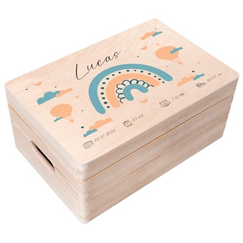 Creative Deco Erinnerungsbox Baby Holzkiste Personalisiert | 30 x 20 x 14 cm (+/-1cm) | Regenbogen Motive für Geburt & Taufe | Groß Natur Geschenk Spielzeugkiste Holzbox mit Deckel Gravur von Creative Deco
