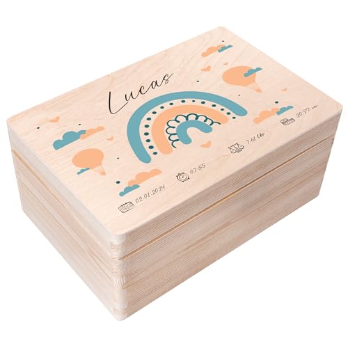 Creative Deco Erinnerungsbox Baby Holzkiste Personalisiert | 30 x 20 x 14 cm (+/-1cm) | Regenbogen Motive für Geburt & Taufe | Groß Natur Geschenk Spielzeugkiste Holzbox mit Deckel Gravur von Creative Deco