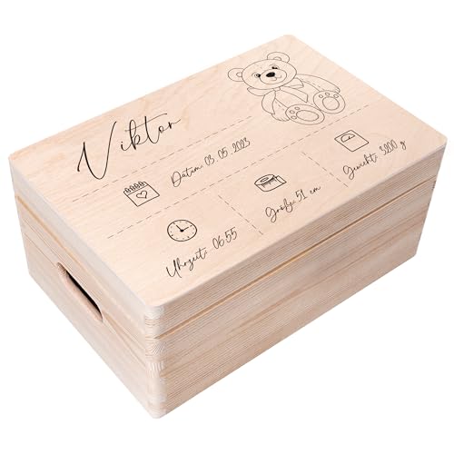 Creative Deco Erinnerungsbox Baby Holzkiste Personalisiert | 30 x 20 x 14 cm (+/-1cm) | Teddybär Motiv für Geburt & Taufe | Groß Natur Geschenk Spielzeugkiste Holzbox mit Deckel und Griffen Gravur von Creative Deco