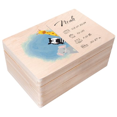 Creative Deco Erinnerungsbox Baby Personalisiert mit Namen - Tiere | Individuelle Erinnerungskiste Geschenk zur Geburt für Mädchen und Jungen | Holzkiste mit Deckel | Farbdruck von Creative Deco