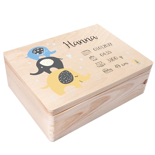 Creative Deco Erinnerungsbox Baby Holzkiste Personalisiert | 40 x 30 x 14 cm (+/-1cm) | Elefant Motive für Geburt & Taufe | Groß Natur Geschenk Spielzeugkiste Holzbox mit Deckel Gravur von Creative Deco