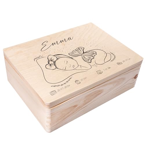 Creative Deco Erinnerungsbox Baby Holzkiste Personalisiert | 40 x 30 x 14 cm (+/-1cm) | Mädchen Motiv für Geburt & Taufe | Groß Natur Geschenk Spielzeugkiste Holzbox mit Deckel und Griffen Gravur von Creative Deco