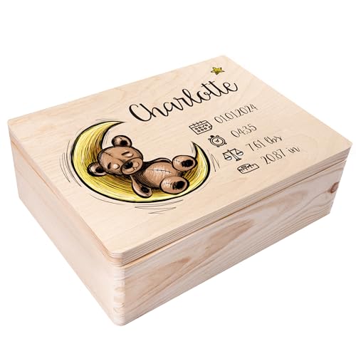 Creative Deco Erinnerungsbox Baby Personalisiert mit Namen - Teddybär | 40 x 30 x 14 cm | Individuelle Erinnerungskiste Geschenk zur Geburt für Mädchen und Jungen | Holzkiste mit Deckel | Farbdruck von Creative Deco