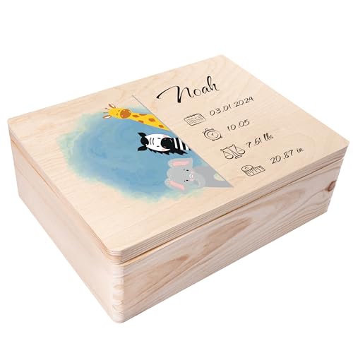 Creative Deco Erinnerungsbox Baby Personalisiert mit Namen - Tiere | Individuelle Erinnerungskiste Geschenk zur Geburt für Mädchen und Jungen | Holzkiste mit Deckel | Farbdruck von Creative Deco