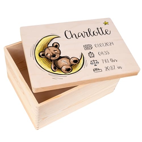 Creative Deco Erinnerungsbox Baby Personalisiert mit Namen | 40 x 30 x 22 cm | Individuelle Erinnerungskiste Geschenk zur Geburt für Mädchen und Jungen | Holzkiste mit Deckel | Farbdruck von Creative Deco
