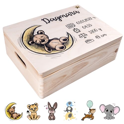 Creative Deco Erinnerungsbox Baby Holzkiste Personalisiert | 40x30x14 cm (+/-1cm) | Mehrere Motive für Geburt & Taufe | Groß Natur Geschenk Spielzeugkiste Holzbox mit Deckel und Griffen Gravur von Creative Deco