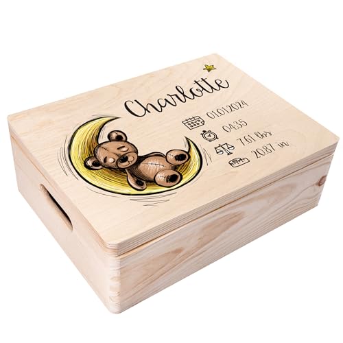 Creative Deco Erinnerungsbox Baby Personalisiert mit Namen - Teddybär | 40 x 30 x 14 cm | Individuelle Erinnerungskiste Geschenk zur Geburt für Mädchen und Jungen | Holzkiste mit Deckel | Farbdruck von Creative Deco