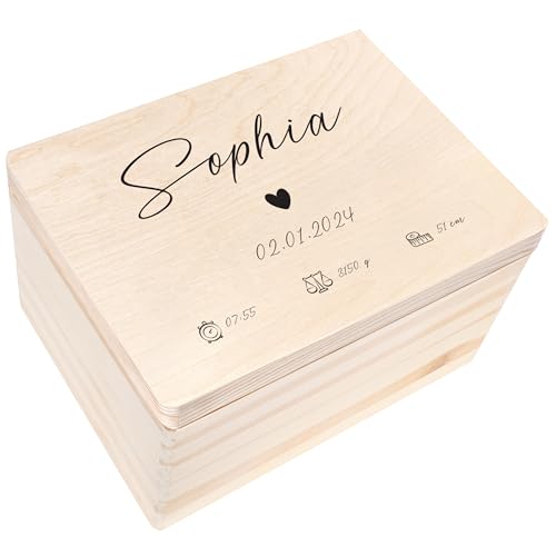 Creative Deco Erinnerungsbox Baby Personalisiert Herz mit Namen | 40 x 30 x 24 cm | Individuelle Erinnerungskiste Geschenk zur Geburt für Mädchen und Jungen | Holzkiste mit Deckel | Farbdruck von Creative Deco