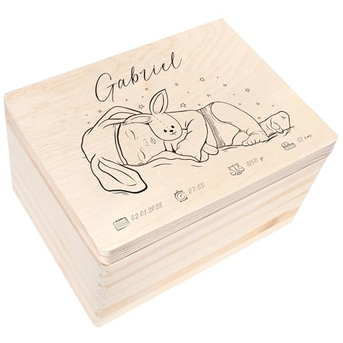 Creative Deco Erinnerungsbox Baby Personalisiert mit Namen | 40 x 30 x 24 cm | Individuelle Erinnerungskiste Geschenk zur Geburt für Mädchen und Jungen | Holzkiste mit Deckel | Farbdruck von Creative Deco