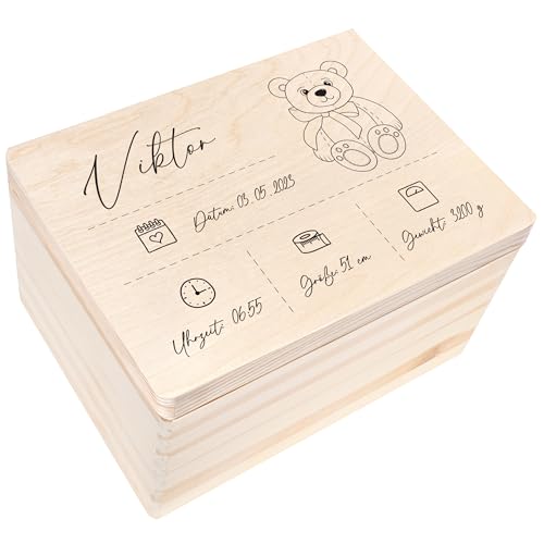 Creative Deco Erinnerungsbox Baby Personalisiert mit Namen | 40 x 30 x 24 cm | Individuelle Erinnerungskiste Geschenk zur Geburt für Mädchen und Jungen | Holzkiste mit Deckel | Farbdruck von Creative Deco