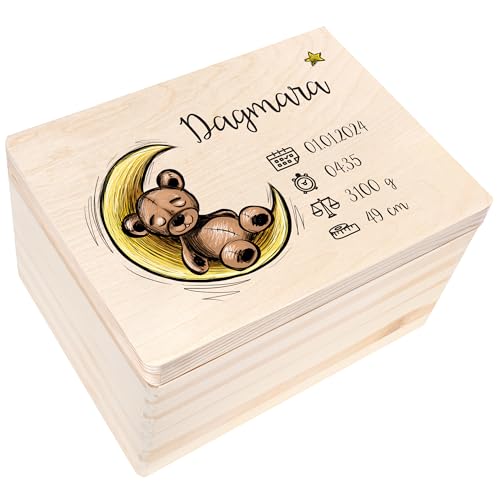 Creative Deco Erinnerungsbox Baby Personalisiert mit Namen | 40 x 30 x 24 cm | Individuelle Erinnerungskiste Geschenk zur Geburt für Mädchen und Jungen | Holzkiste mit Deckel | Farbdruck von Creative Deco