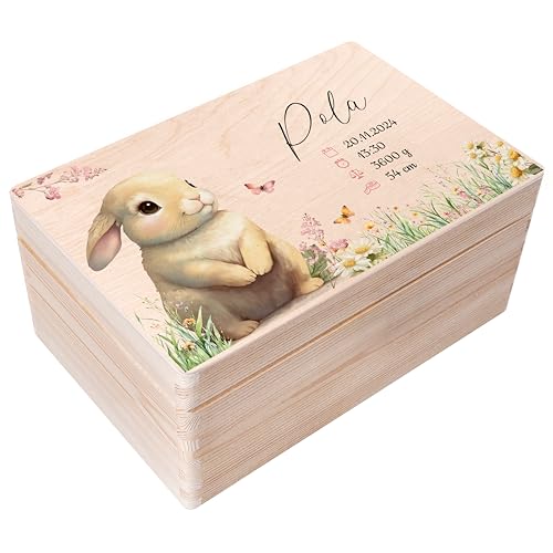 Creative Deco Erinnerungsbox Baby Personalisiert mit Namen - Hase | 30 x 20 x 14 cm| Individuelle Erinnerungskiste Geschenk zur Geburt für Mädchen und Jungen | Holzkiste mit Deckel | Farbdruck von Creative Deco