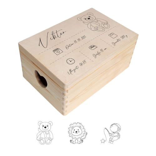 Creative Deco Erinnerungsbox Baby Personalisiert mit Namen | Individuelle Erinnerungskiste Geschenk zur Geburt für Mädchen und Jungen | Holzkiste mit Deckel | Farbdruck von Creative Deco