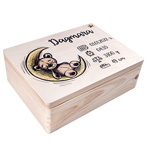 Creative Deco Erinnerungsbox Baby Personalisiert mit Namen - Teddybär | 40 x 30 x 14 cm | Individuelle Erinnerungskiste Geschenk zur Geburt für Mädchen und Jungen | Holzkiste mit Deckel | Farbdruck von Creative Deco