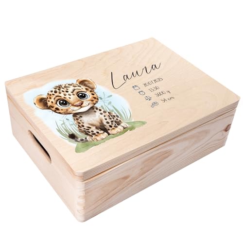 Creative Deco Erinnerungsbox Baby Personalisiert mit Namen - Tiger | 40 x 30 x 14 cm | Individuelle Erinnerungskiste Geschenk zur Geburt für Mädchen und Jungen | Holzkiste mit Deckel | Farbdruck von Creative Deco