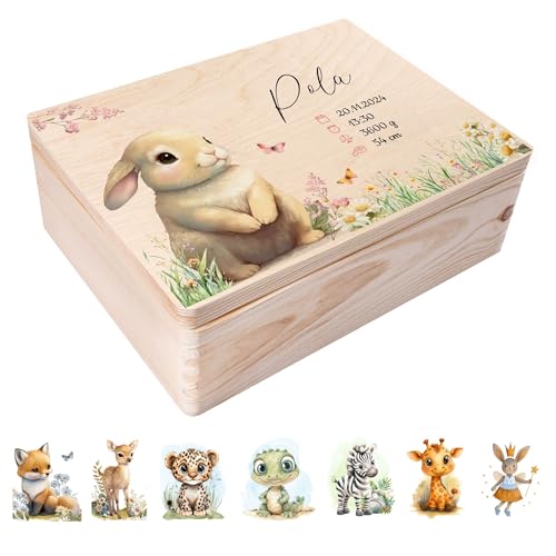 Creative Deco Erinnerungsbox Baby Personalisiert mit Namen - Waldtiere | 40 x 30 x 14 cm | Individuelle Erinnerungskiste Geschenk zur Geburt für Mädchen und Jungen | Holzkiste mit Deckel | Farbdruck von Creative Deco