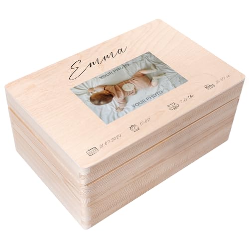 Creative Deco Foto Erinnerungsbox Baby Holzkiste Fotogeschenke Personalisiert | für Geburt & Taufe | Dein Eigenes Bild Individuelle Geschenk für Mädchen und Jungen | Erinnerungskiste von Creative Deco