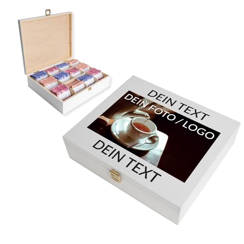 Creative Deco Große Teebox Holz | Weiß | Personalisierte Geschenke Wunschtext + Foto | Fotogeschenke Teekiste 12 Fächer | Dein Eigenes Bild Geschenkkiste Geschenkbox für Frauen, Männer, Teeliebhaber von Creative Deco