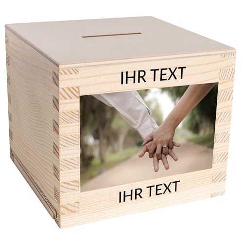 Creative Deco Holz Spardose Sparbüchse Personalisiert Geschenke Wunschtext + Foto | 9,5 x 9,5 x 9 cm (+/- 0,5 cm) | Fotogeschenke Dein Eigenes Bild Sparschwein Sparbox Holzbox | Rohes Kiefernholz von Creative Deco