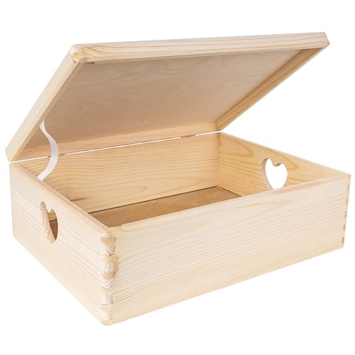 Creative Deco Holzkiste mit Deckel | 40x30x14 cm (+/-1cm) | Erinnerungsbox Baby Groß Holzbox Unlackiert Kasten | Herzförmigen Griffen | Für Dokumente Weihnachten Spielzeuge Werkzeuge ROH UNGESCHLIFFEN von Creative Deco