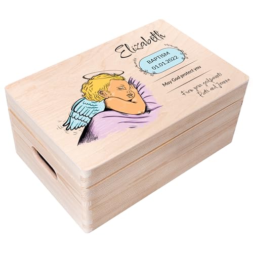 Creative Deco Personalisiert zur Taufe Geschenk für Mädchen und Junge | Mehrere Taufe Motiv | Holzkiste Erinnerungsbox Deko | Individuelle Geschenk Spielzeugkiste Holzbox mit Deckel | Spardose von Creative Deco