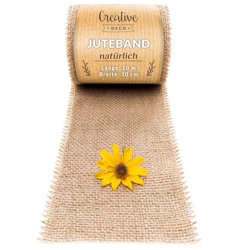 Creative Deco Juteband Jute Runner | Rolle 10 cm x 10 m | Wickelstreifen | Tischläufer Hochzeitsdeko Dekoration | Breit Naturbrauner Stoff | Jutestoff Tischband | Dekorativer Boho Band von Creative Deco