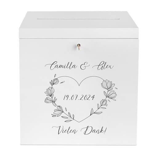 Creative Deco Kartenbox Hochzeit Personalisiert Holzkiste mit Deckel Weiß | 29 x 25 x 30 cm | Hochzeitsgeschenke für Brautpaar Geldbox Wunschtext Taubenpaar Geldgeschenke Holzbox mit Schlitz von Creative Deco