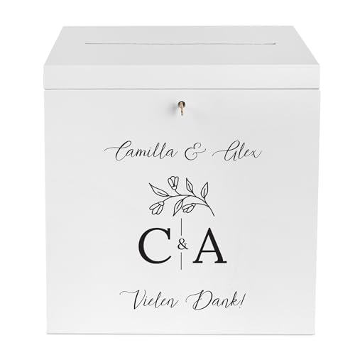 Creative Deco Kartenbox Hochzeit Personalisiert Holzkiste mit Deckel Weiß | 29 x 25 x 30 cm | Hochzeitsgeschenke für Brautpaar Geldbox mit Initialen | Geldgeschenke Holzbox mit Schlitz Geschenkkarten von Creative Deco