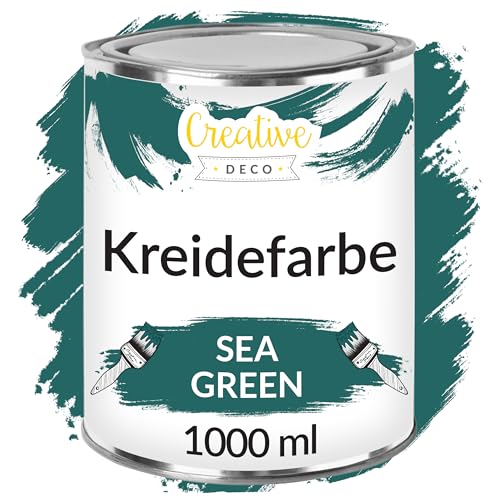 Creative Deco Meergrün Kreidefarbe für Möbel 1000 ml | Möbellack, Möbelfarbe | Für Landhaus, Vintage-Stil, Decoupage, Möbel-Renovierung | Matt Abwaschbar | Wisch-Effekt Gradient-Effekt möglich von Creative Deco