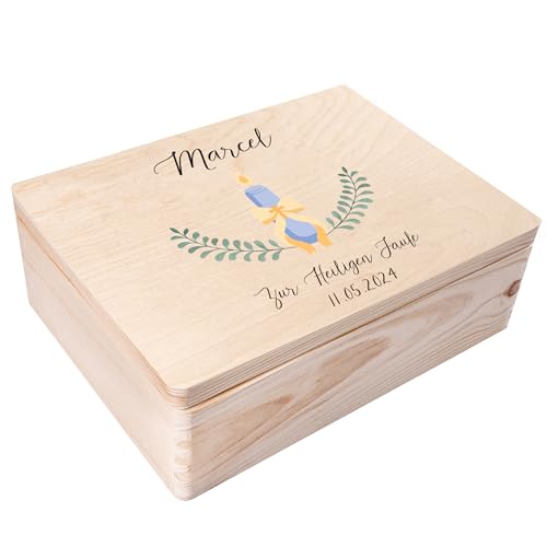 Creative Deco Personalisiert zur Taufe Geschenk für Mädchen und Junge | Kerze Motiv | Holzkiste Erinnerungsbox Deko | Individuelles Geschenk Spielzeugkiste Holzbox mit Deckel | Spardose von Creative Deco