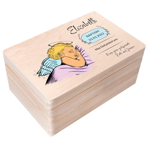 Creative Deco Personalisiert zur Taufe Geschenk für Mädchen und Junge | Mehrere Taufe Motiv | Holzkiste Erinnerungsbox Deko | Individuelle Geschenk Spielzeugkiste Holzbox mit Deckel | Spardose von Creative Deco