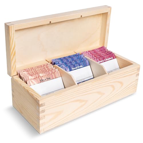 Creative Deco Teebox Holz aus natürlichem Kiefernholz | 22 x 9 x 7,5 cm | Teekiste 3 Fächer und Deckel | Tee-Organizer | Perfekt für Decoupage, Dekoration, Teebeutel Aufbewahrung von Creative Deco
