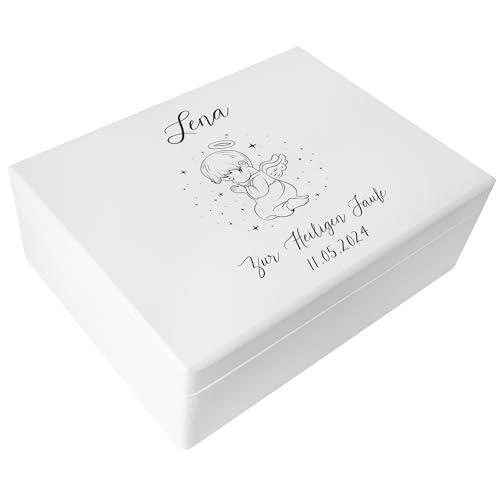Creative Deco Weiß Personalisiert zur Taufe Geschenk für Mädchen und Junge | Engel Motiv | Holzkiste Erinnerungsbox Deko | Individuelles Geschenk Spielzeugkiste Holzbox mit Deckel | Spardose von Creative Deco